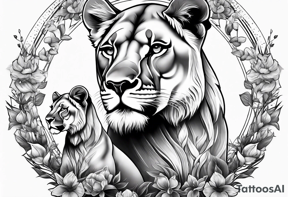 Lioness on her hind legs
 protecting her two cubs tattoo idea