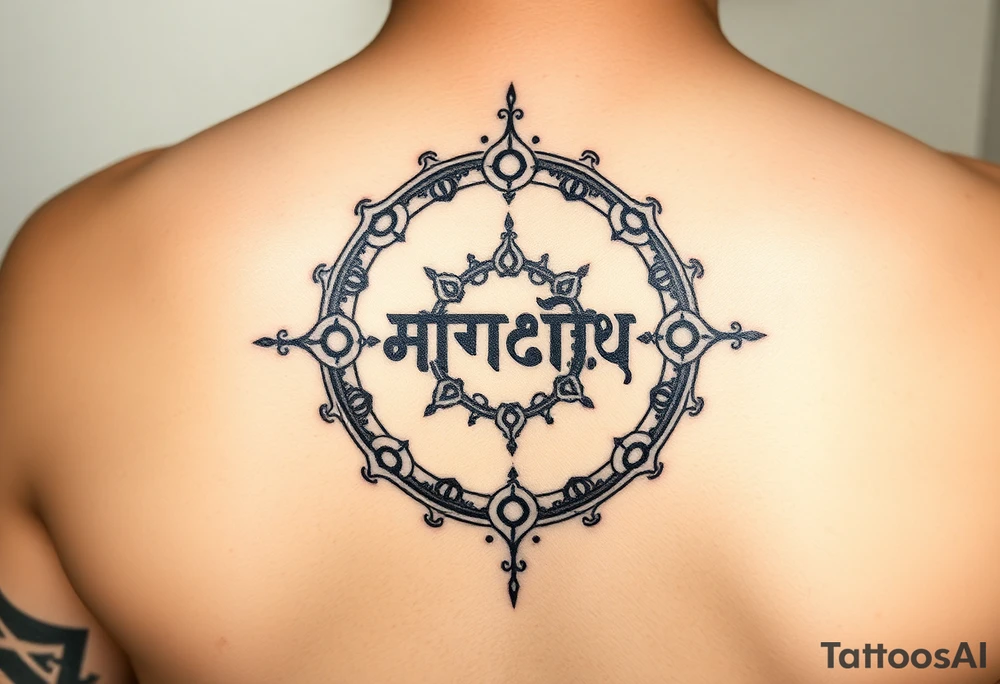 Create a tattoo that writes the Hindi word "Anichya" with A circle or spiral, which represents the cyclical nature of life and death tattoo idea