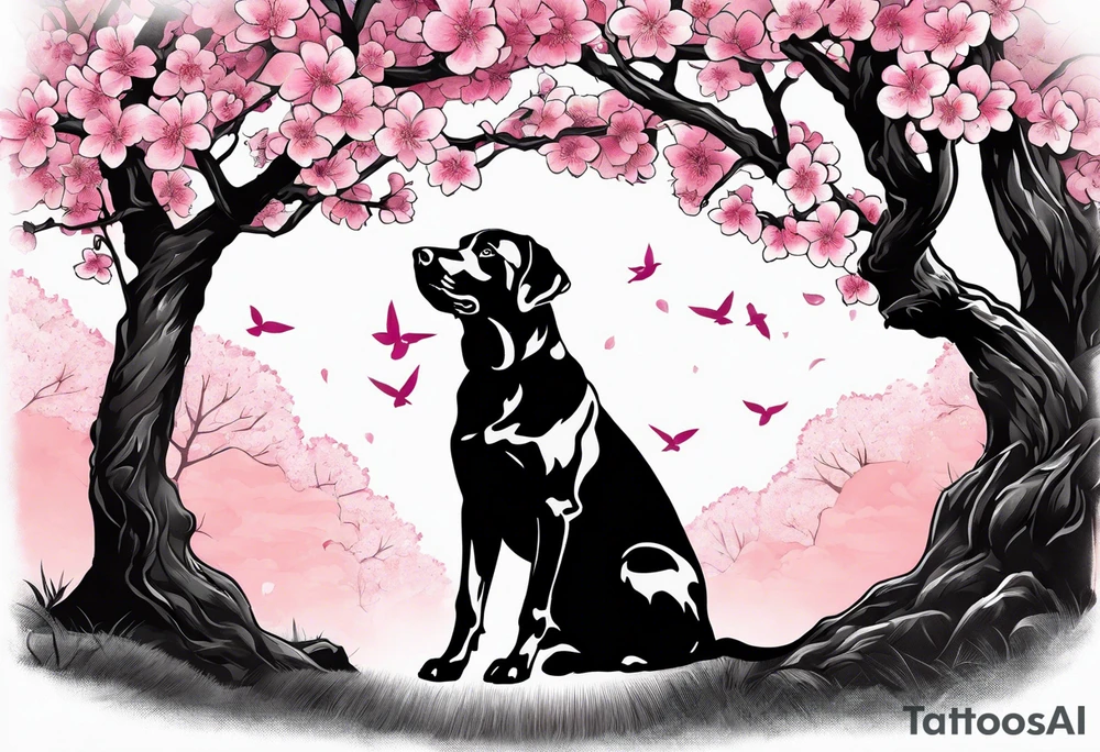 Silouhette of black lab under a cherry blossom tree bending to the right tattoo idea
