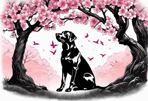 Silouhette of black lab under a cherry blossom tree bending to the right tattoo idea