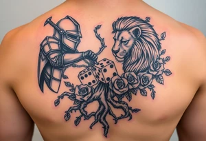 knight and Lion intertwined with tree roots and roses rolling dice tattoo idea