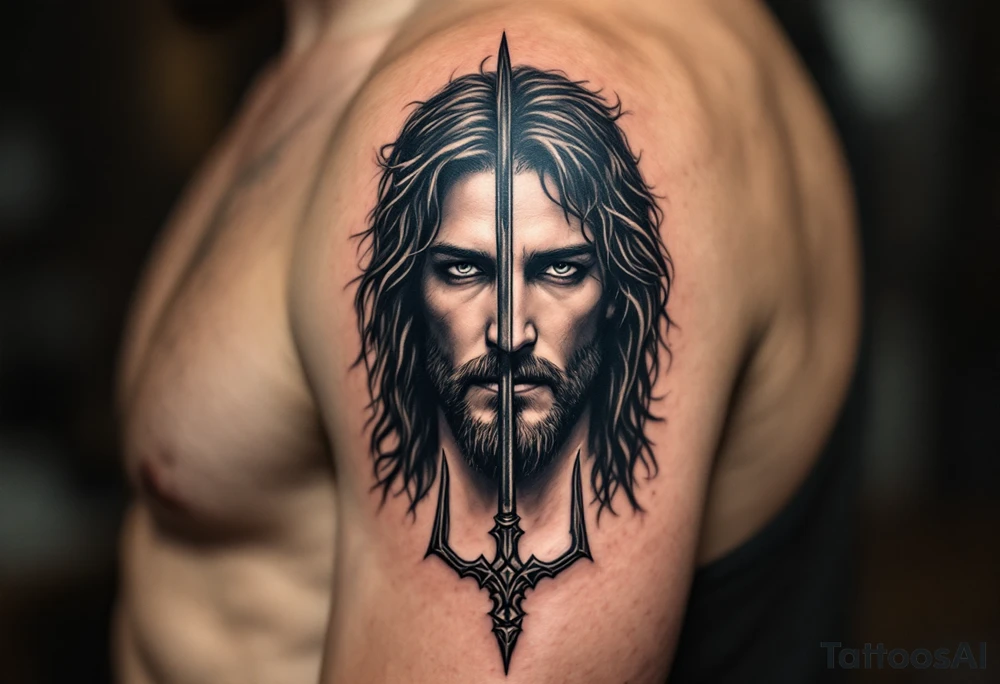 close-up jesus behind a trident tattoo idea