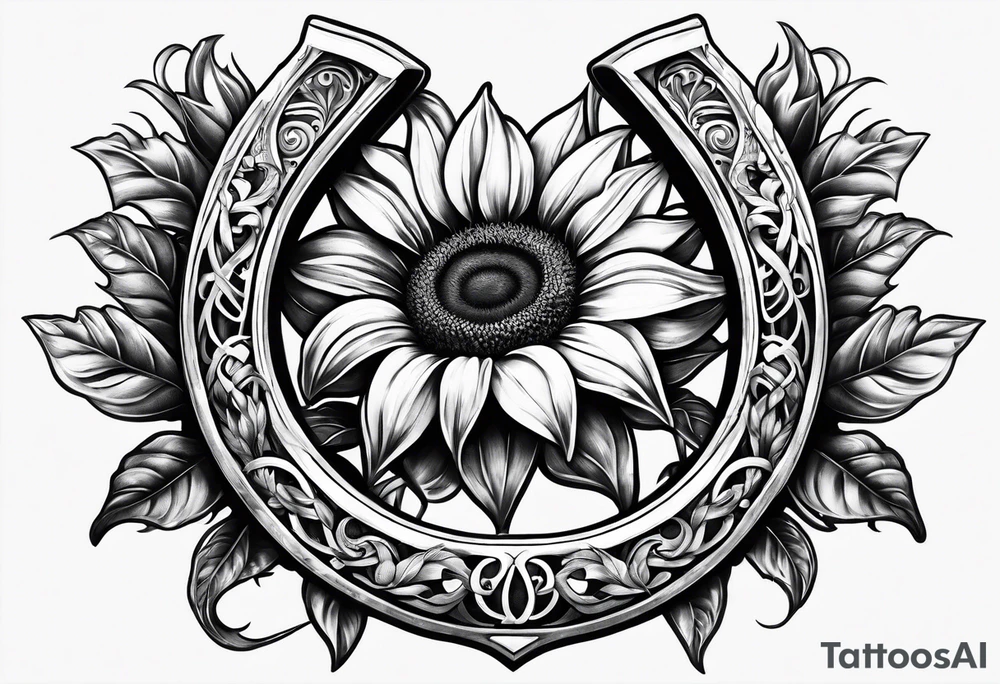 Realistic Horseshoe around a sunflower tattoo idea
