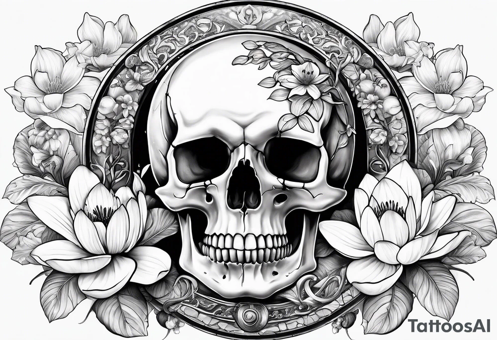 human skull, deer skull, water lily, cherry blossoms with roller coaster track and lily of the valley for fill tattoo idea