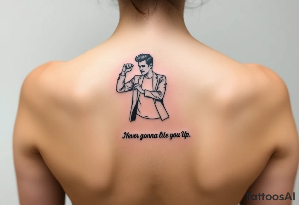 Rick Astley's  Dance Pose outline with text "Never Gonna Give You Up" tattoo idea