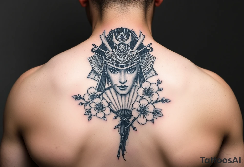 Samurai Asian face warrior
 with a fan across her face with cherry blossom tattoo idea