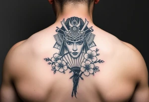 Samurai Asian face warrior
 with a fan across her face with cherry blossom tattoo idea