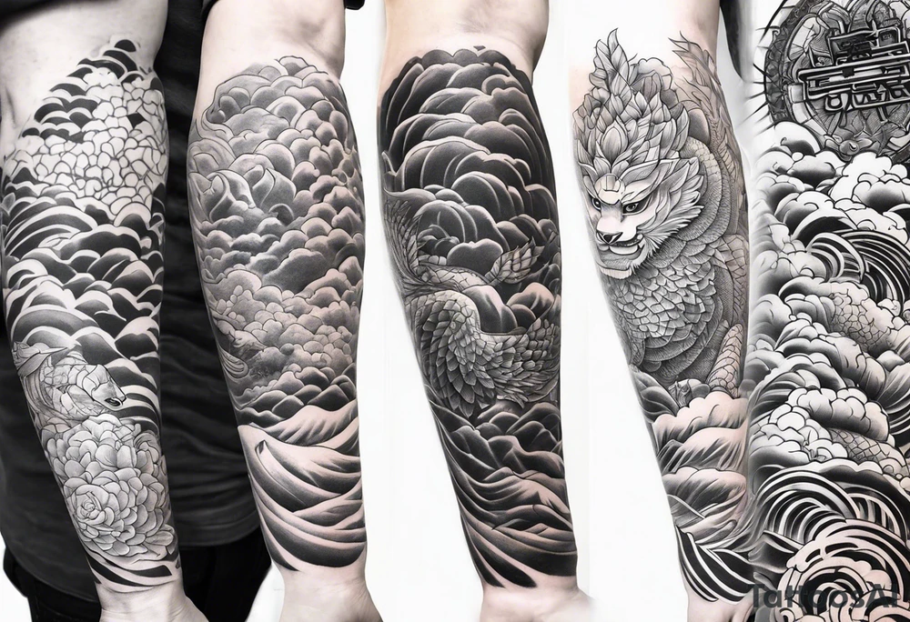 Japanese forearm sleeve stencil tattoo idea