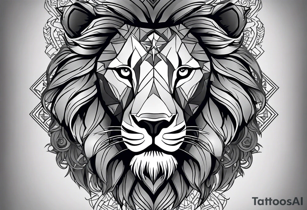 A full tattoo sleeve designed with a strong, masculine aesthetic, featuring a powerful lion as the centerpiece. The lion, symbolizing strength, courage, and leadership, is depicted with intricate detail and dynamic shading, capturing its fierce expression and majestic mane. Surrounding the lion, incorporate geometric patterns that add structure and contrast to the design. These patterns are bold and angular, creating a sense of order and symmetry that complements the natural form of the lion. The geometric elements are woven around the lion, emphasizing its central position while providing a modern, edgy backdrop. The shading throughout the sleeve is deep and dramatic, enhancing the contrast between the organic features of the lion and the precise lines of the geometric patterns. The overall design is bold, intense, and visually striking, combining the raw power of the lion with the clean, ordered aesthetic of geometric patterns for a cohesive and masculine tattoo sleeve. tattoo idea