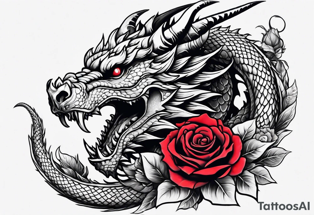 aesthetic dragon with skull and rose tattoo idea
