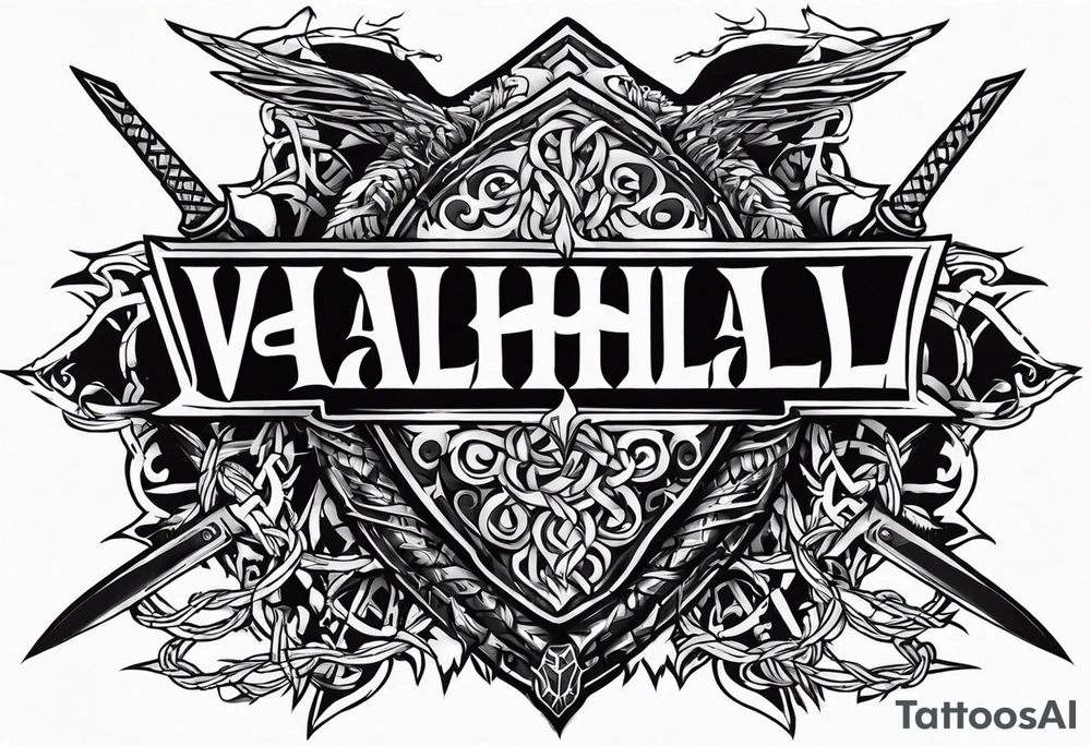 Valhalla on fire 
sword shield barbed  wire tattoo idea