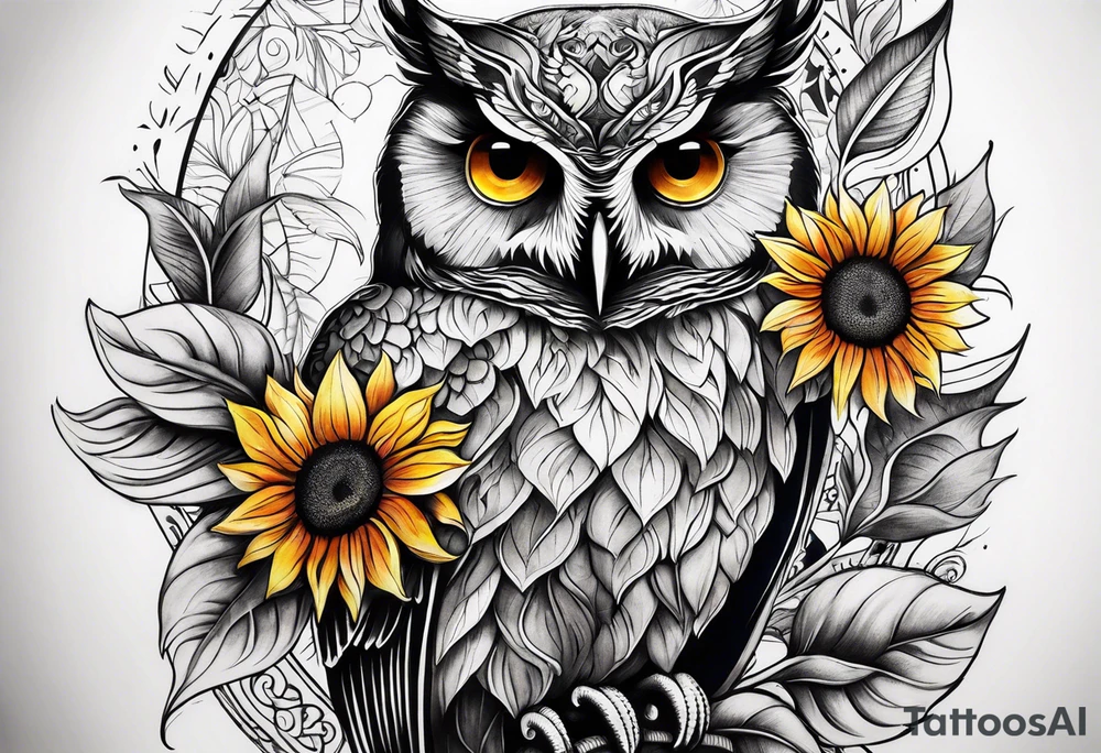 Leg sleeve with colorful sunflowers and an owl tattoo idea