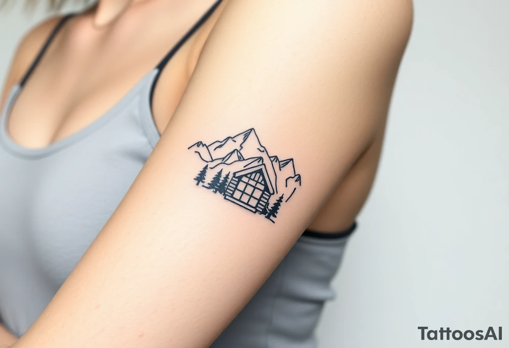 Mountains framed by a cabin window tattoo idea