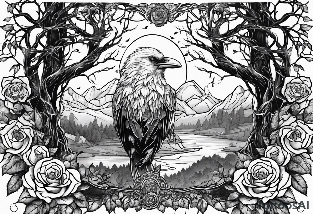 rose lightening rain raven tree of life tattoo idea