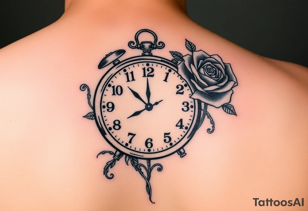 sketch of clock showing time of 12:56 with rose tattoo idea