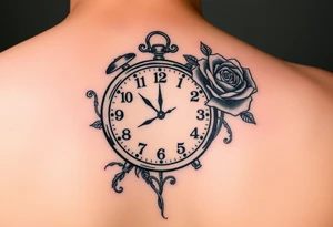 sketch of clock showing time of 12:56 with rose tattoo idea