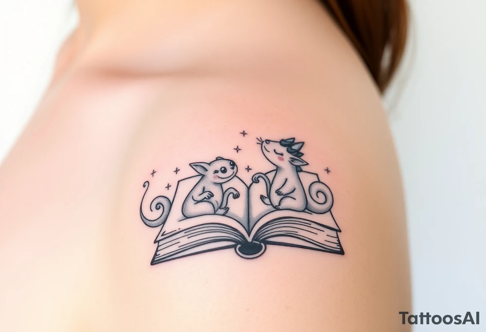 An open book with fantasy creatures tattoo idea