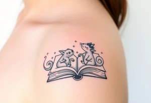 An open book with fantasy creatures tattoo idea
