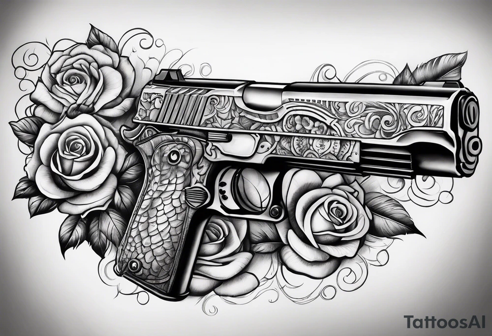 Arm sleeve pistols alligators roses tattoo idea