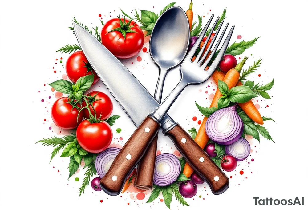 A realistic kitchen tattoo design showing a large silver kitchen knife with a dark brown wooden handle crossed over a shiny silver fork and spoon, all placed diagonally, surrounded by whole and sliced vegetables including bright red round tomatoes, leafy green basil, long orange carrots with green tops, and round purple onions with visible rings, all arranged in a circular wreath shape with a soft white background and subtle watercolor splashes of green, red, and orange for depth. tattoo idea