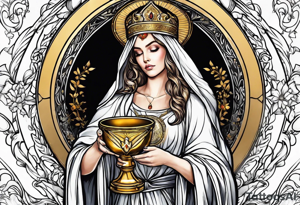 holy saint woman turned away with golden halo holding a chalice tattoo idea