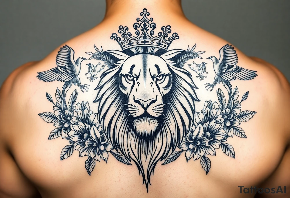 powerful majestic lion with a crown, surrounded by floral ornaments and birds tattoo idea