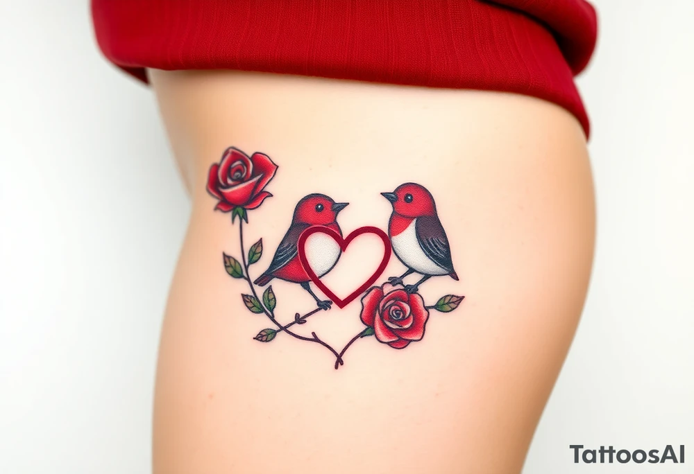 Small red rose and red robin with a infinity heart on hip tattoo idea