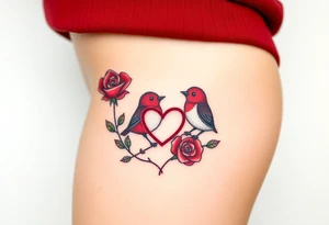 Small red rose and red robin with a infinity heart on hip tattoo idea