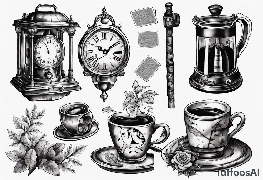 a mounting landscape
an antique clock with the time at 9:44pm
a cinema film
a deck of poker cards
boletus in the forest
Grandma's walking stick
An Italian coffee maker tattoo idea