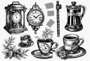 a mounting landscape
an antique clock with the time at 9:44pm
a cinema film
a deck of poker cards
boletus in the forest
Grandma's walking stick
An Italian coffee maker tattoo idea