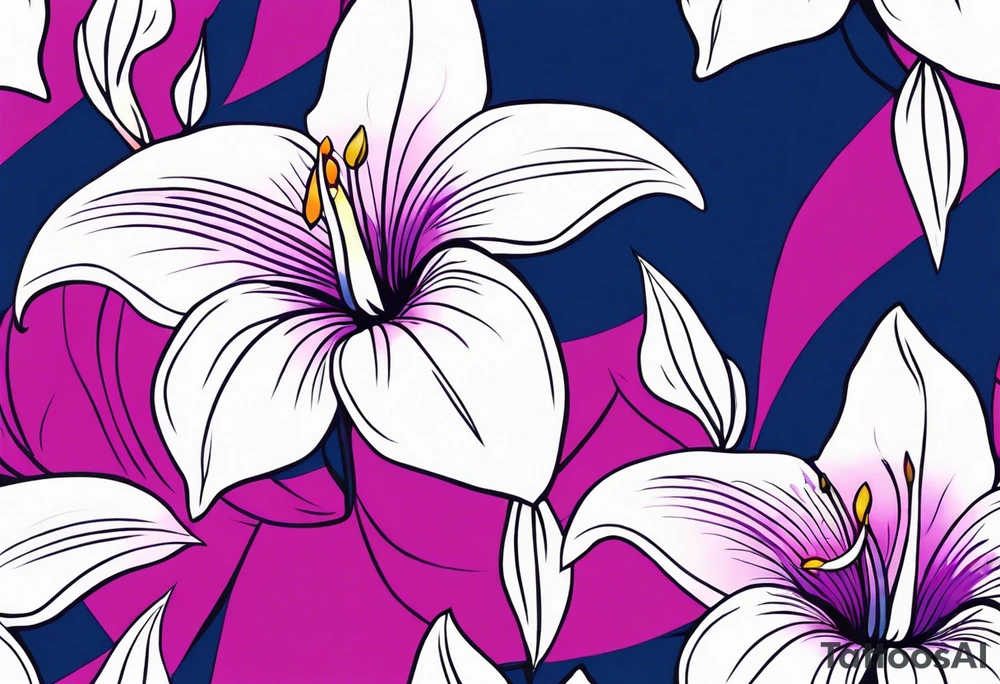negative space mandevilla flowers over a brushstroke background of blue, pink and purple tattoo idea