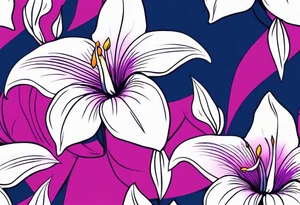negative space mandevilla flowers over a brushstroke background of blue, pink and purple tattoo idea