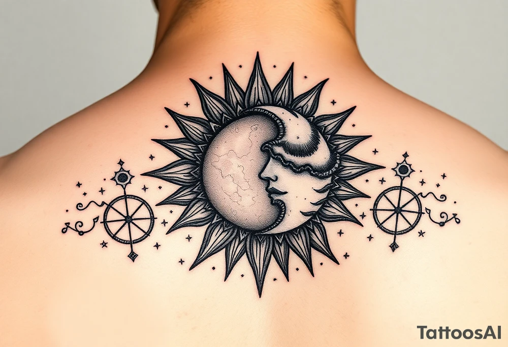 celestial sun and moon embrace with constellation patterns tattoo idea