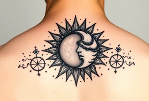 celestial sun and moon embrace with constellation patterns tattoo idea