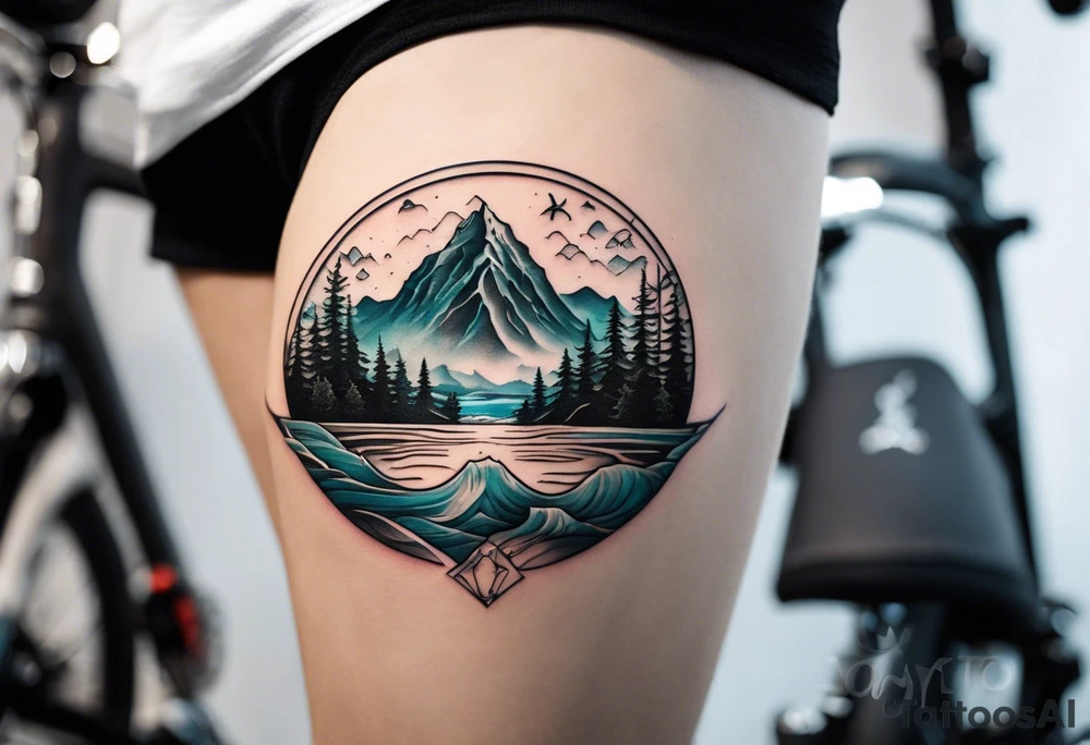 This is a tattoo that is split into 2 sections; a top half and a bottom half. The top half is a mountain in Norway with a mountain bike trail winding down the mountain. The bottom half of the tattoo depicts an underwater scene featuring water, and sea life. tattoo idea