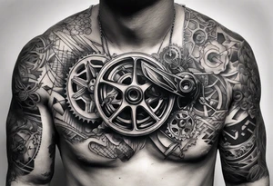 Chest tattoo, someone has pulled back the skin to reveal a bicycle gear tattoo idea