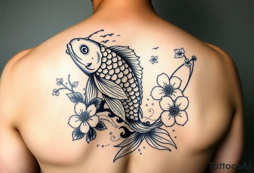 I would make one koi fish with waves, cliffs and sakura Japanese style tattoo idea