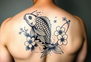 I would make one koi fish with waves, cliffs and sakura Japanese style tattoo idea