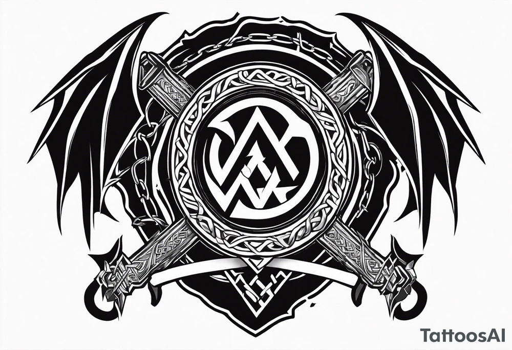Valhalla sword shield dragon axe Valknut barbed wire chains tribal tattoo idea