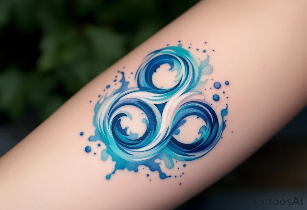 A fluid, wave-like triskelion in deep blue, turquoise, and white, representing the movement of water, intuition, and emotional balance. The spirals can resemble ocean currents, and subtle bubbles or droplets can enhance the aquatic feel. tattoo idea