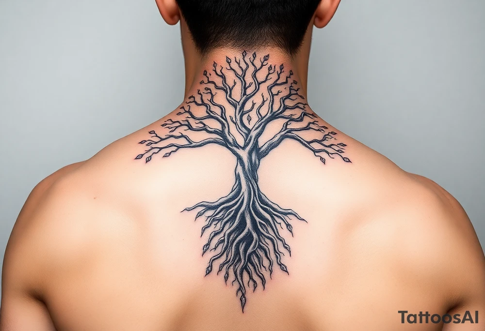 mystical tree of life with cosmic roots and celestial branches tattoo idea