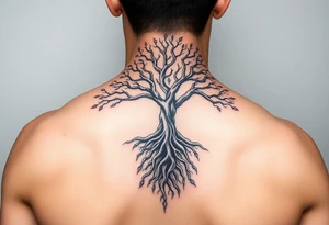 mystical tree of life with cosmic roots and celestial branches tattoo idea