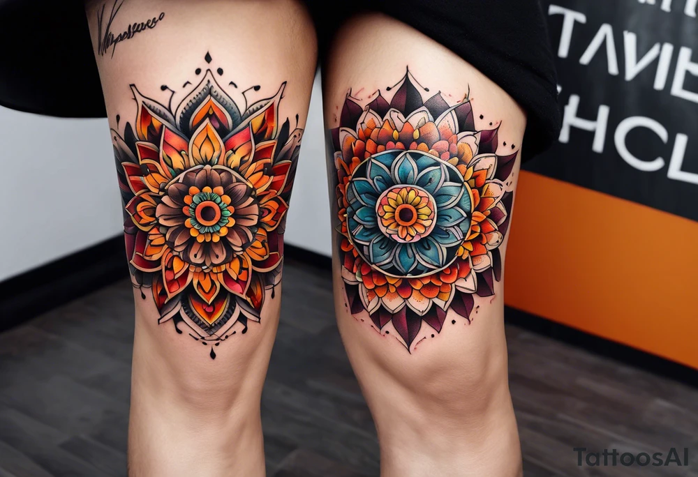 mandala Knee tattoo in fall colors tattoo idea