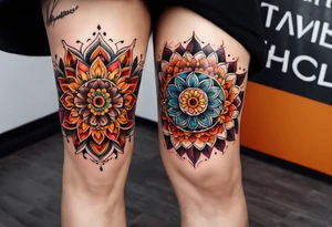 mandala Knee tattoo in fall colors tattoo idea