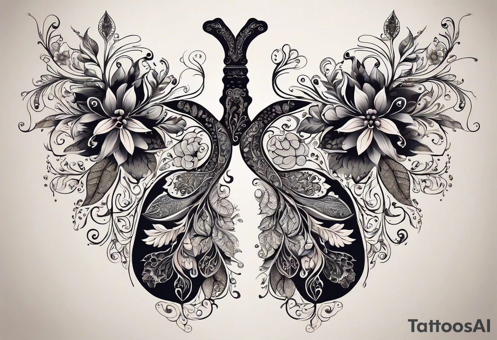 intricate and artistic arrangement of flowers and ornamental patterns that come together to form the shape of human lungs. The design should have a balance of delicacy and detail, with vibrant floral elements seamlessly intertwining to mimic the structure of the lungs, including the bronchi branching into floral motifs. Incorporate subtle shading and depth to give the tattoo a dynamic and organic feel, while maintaining elegance and symmetry, embraced by an octopus and butterflies flying around tattoo idea