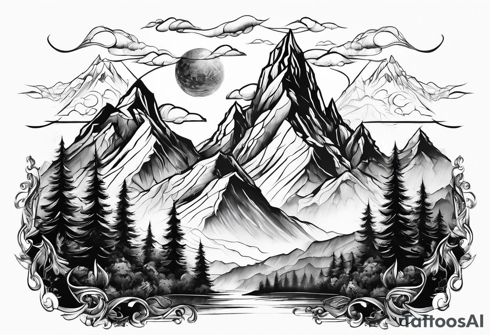 Mountains with space Viking flying above tattoo idea