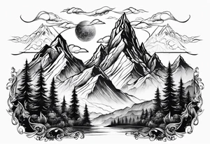 Mountains with space Viking flying above tattoo idea