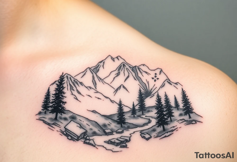 Mountainous valley with creek and a few trees with a Russian orthodox kazan scene tattoo idea