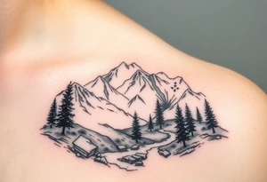 Mountainous valley with creek and a few trees with a Russian orthodox kazan scene tattoo idea