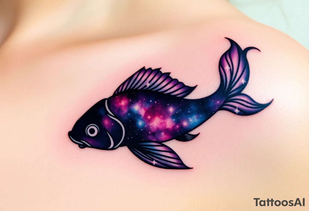 A carp silhouette filled with a galaxy pattern, incorporating deep purples, blues, and twinkling white stars. tattoo idea